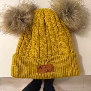 Yellow Cable Knit Pom-Pom Hat